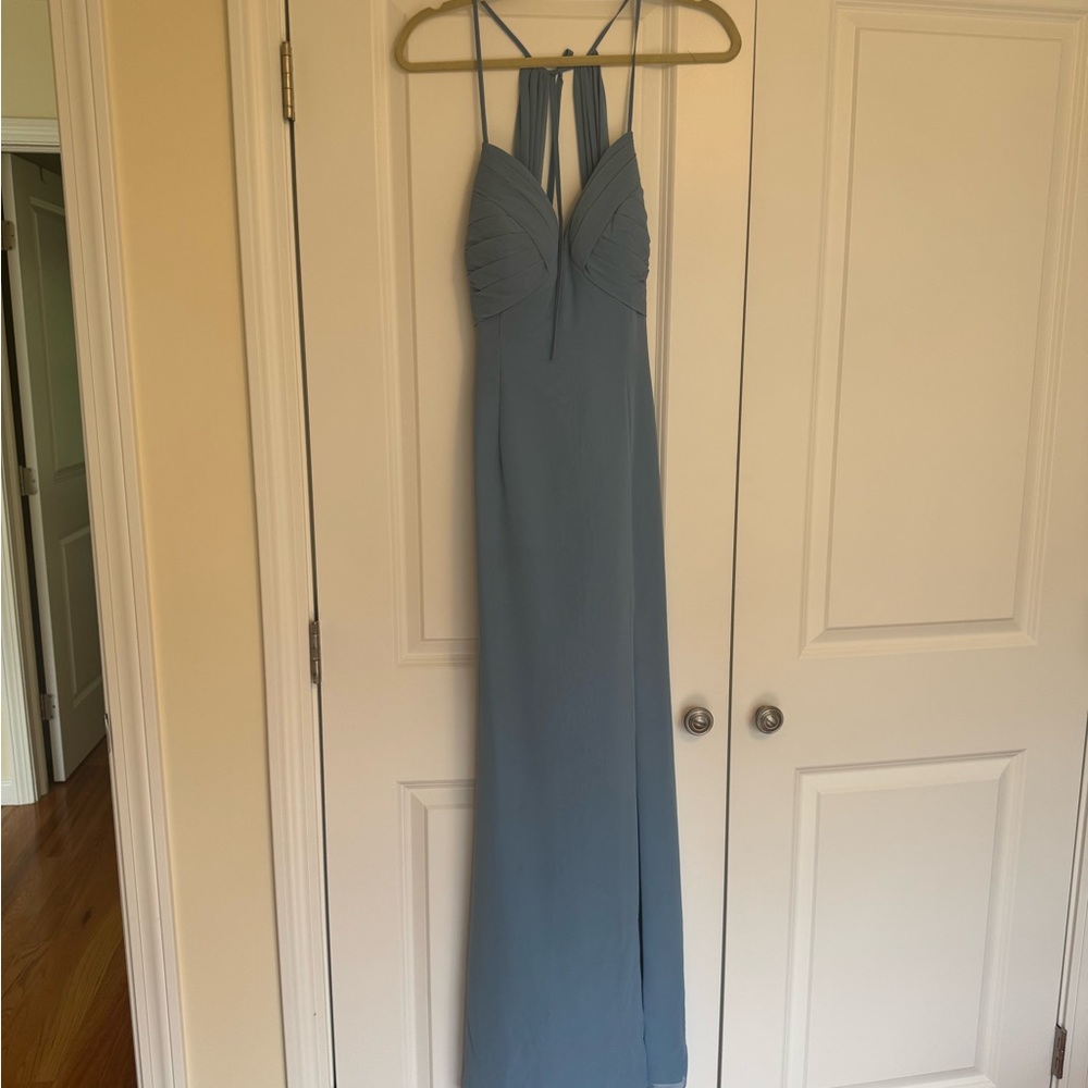 Azazie Dusty Blue Pleated Maxi Dress